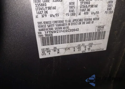 2002 Ford F-250 Lariat/Xl/Xlt из США, поврежденный, VIN 1FTNW21F42EC02042